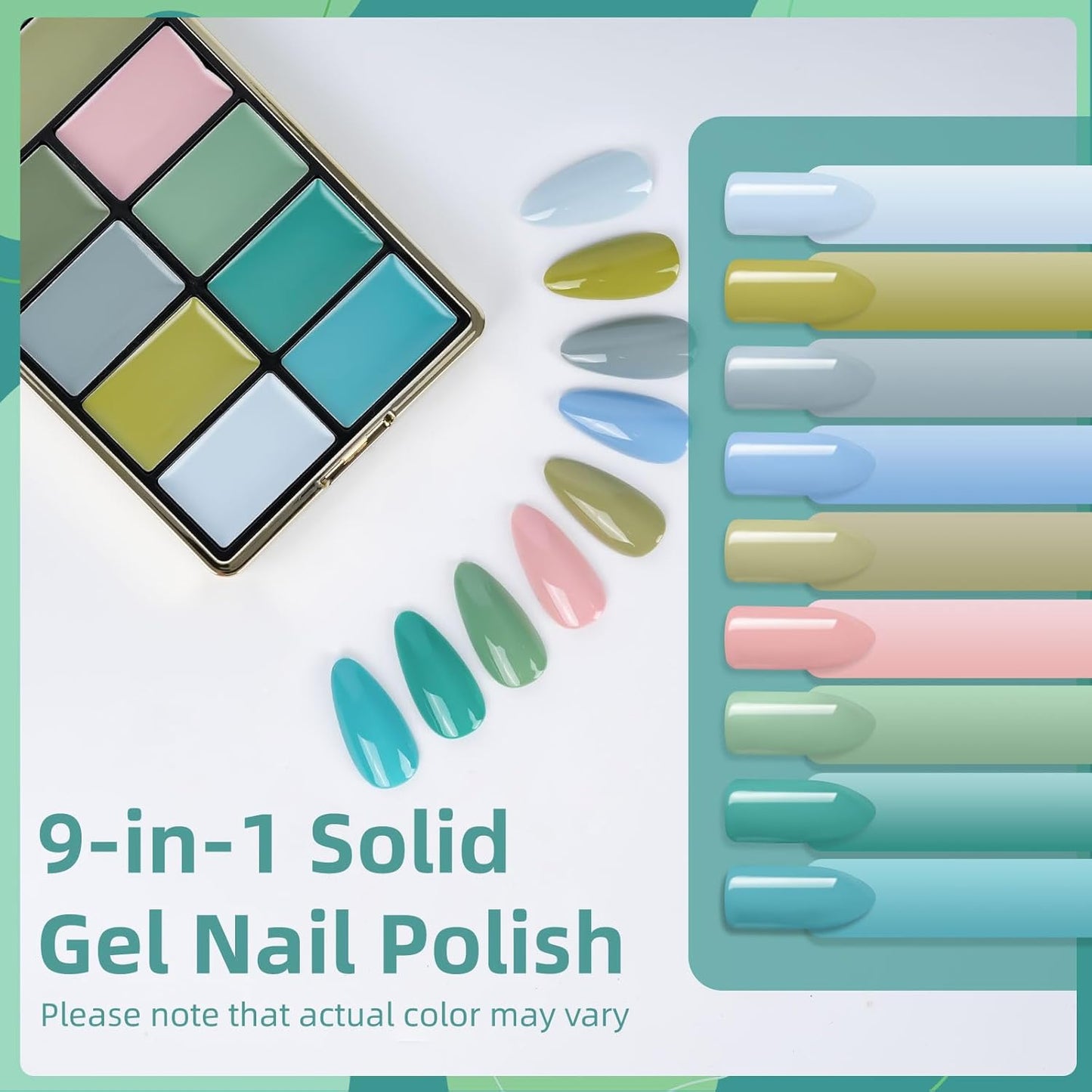 Solid Gel Nail Polish Set, 9 Colors Green Blue Solid Cream Gel Polish Palette with Brush, Solid Ombre Nail Polish for Women DIY Manicure Art