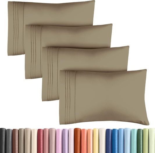 Queen Pillow Cases Set of 4 - Ultra Soft Hotel Quality Pillowcase Covers - Comfy, Cozy & Wrinkle Free - Shrinkage, Stain and Fade Resistant - Machine Washable Pillow Protectors - 4 Piece Set - Khaki