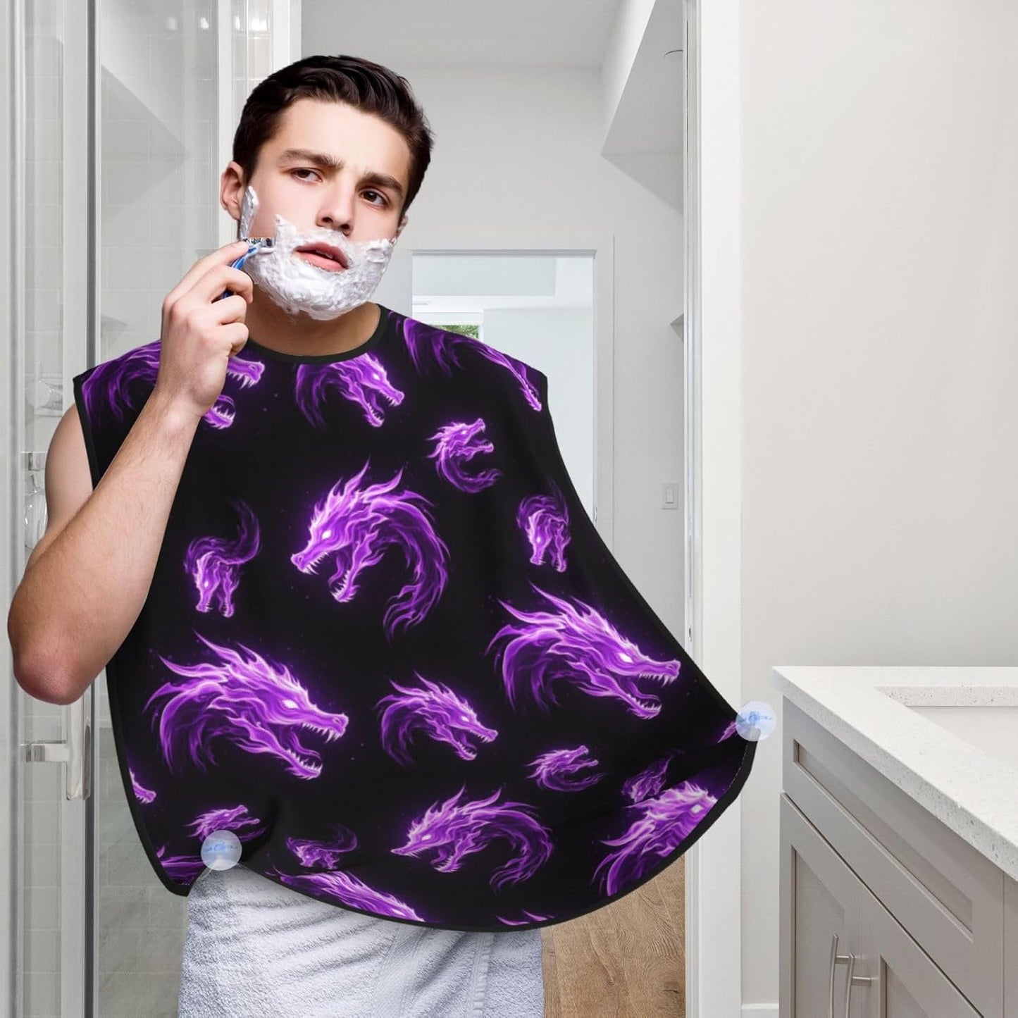 Beard Hair Catcher Bib, Waterproof Non-Stick Grooming Apron for Shaving Trimming, Perfect for Men Dad, Purple Fire Dragon Shave Bib