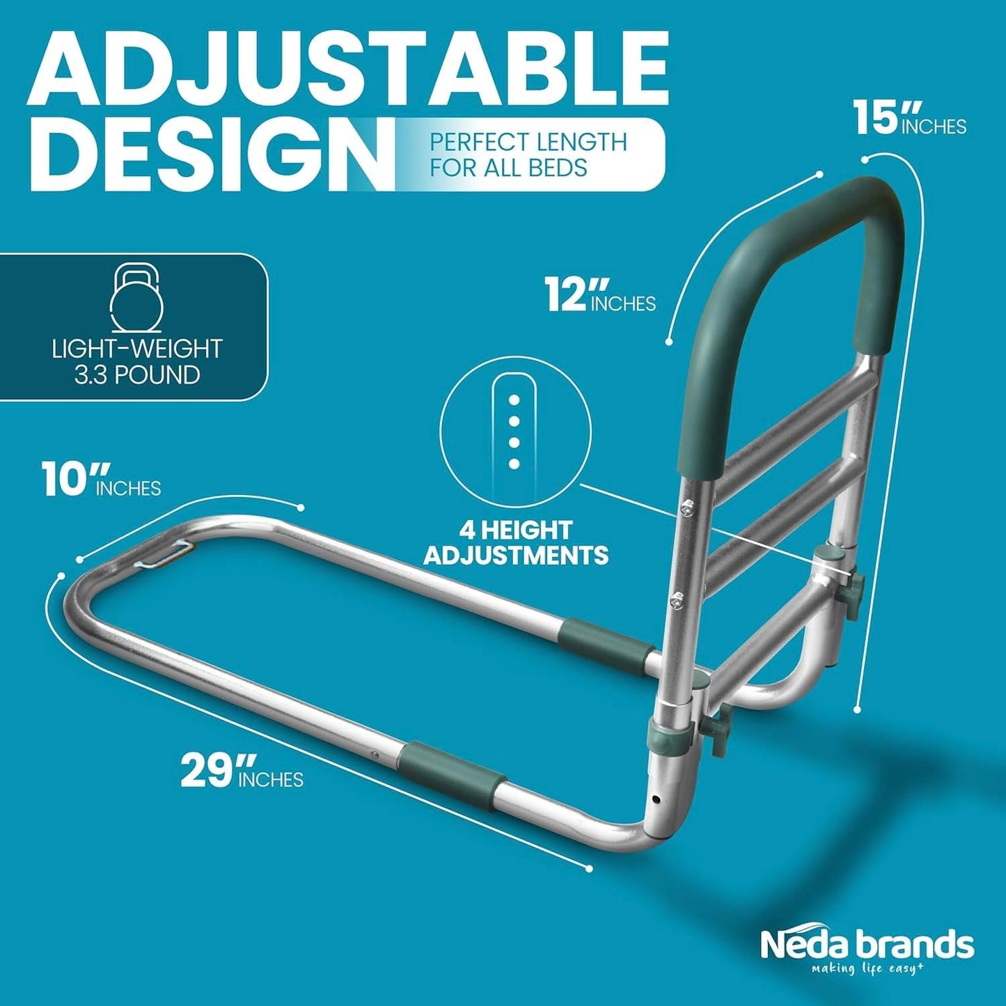 NEDA Adjustable Bed Rails for Elderly Adults – Medical Bed Assist Handle, Safety Support Rail for Seniors, Bedside Rail for All Bed Sizes ASTM F3186-17 & 16 CFR 1270 CPSC Certified