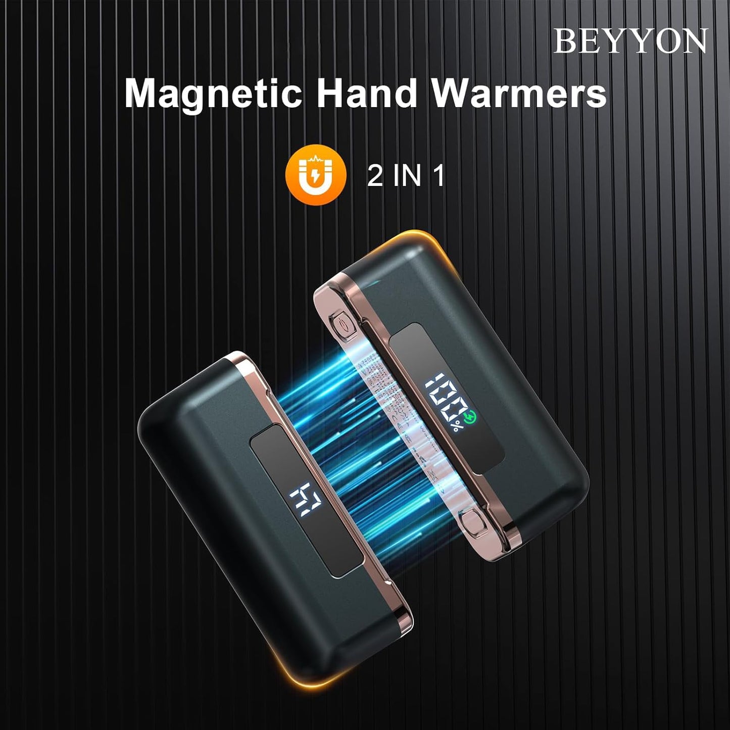 BEYYON Hand Warmers Rechargeable - Magnetic Electric Hand Warmer 2 Pack, 4 Levels Heat Up to 131℉ with LED Display, Portable Reusable Pocket Heater for Raynauds, Golf, Camping, Men, Women