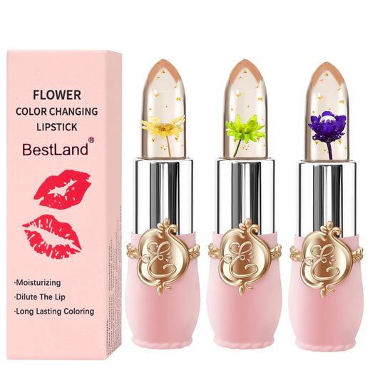 BestLand 3 Pcs/Set Flower Jelly Lipstick Set Temperature Change Moisturizer Long Lasting Nutritious Balm Magic Color Change Lip Gloss (Flower Jelly Lipstick 040506)