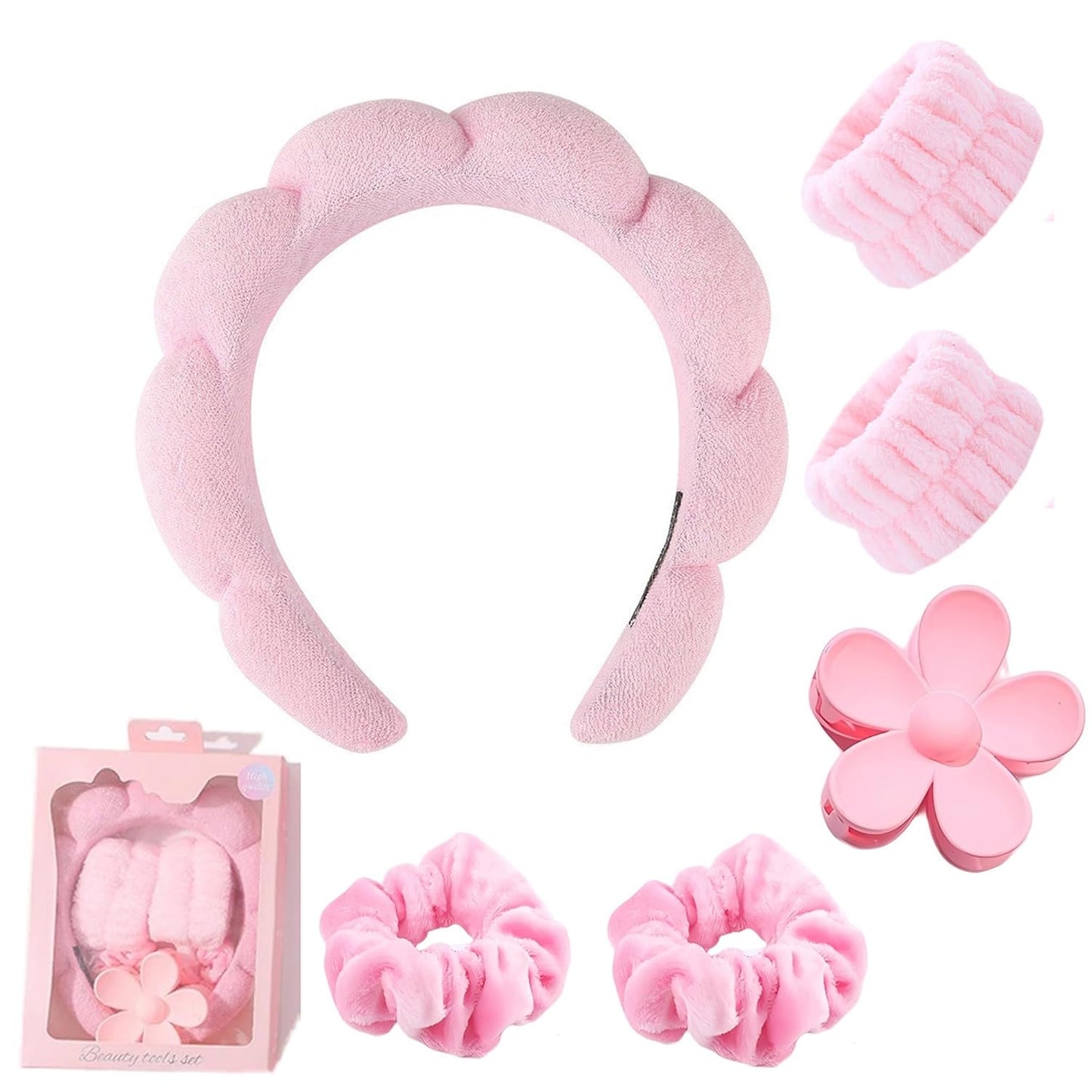 Esther Spa Headband and Wristbands Set with Hair Clip and Scrunchies,Skincare Headbands for Washing Face and Makeup,Trendy Stuff Hair Accessories for Women in Gift Box (Pink)