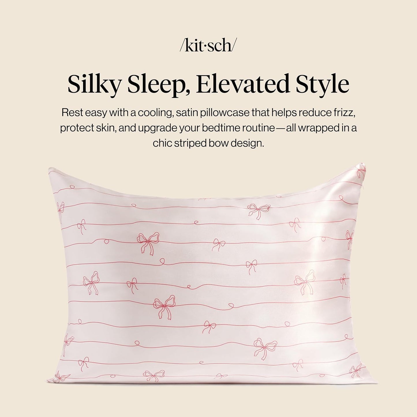 Kitsch Satin Pillowcase, Softer Than Silk Pillow Cases Queen, Cooling Pillow Covers, Satin Pillowcase w/Zipper for Hair, Skin & Quality Sleep, Wrinkle-Free & Smooth, Queen Size 19"x26" Striped Bows