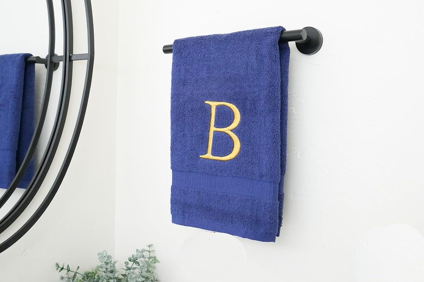 Navy and Gold Bathroom Hand Towel - Monogrammed Luxury Hotel Quality Decorative Embroidered Towel for Powder Room, Spa - GOTS Organic Certified - Pack of 2, Letter B