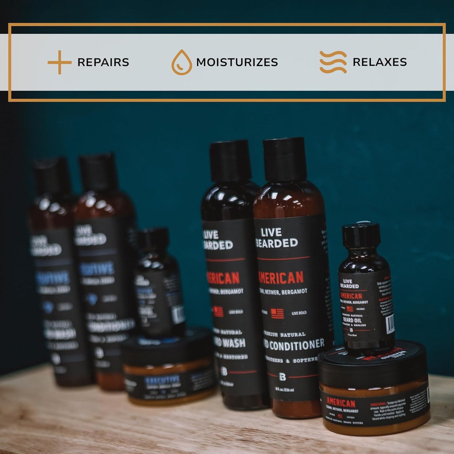 Live Bearded Total Beardsman Kit - Complete Beard Growth Kit for Men - Beard Oil, Butter, Wash, Conditioner, Vitamins, Comb, Brush | Executive - Leather, Vanilla, Cedar