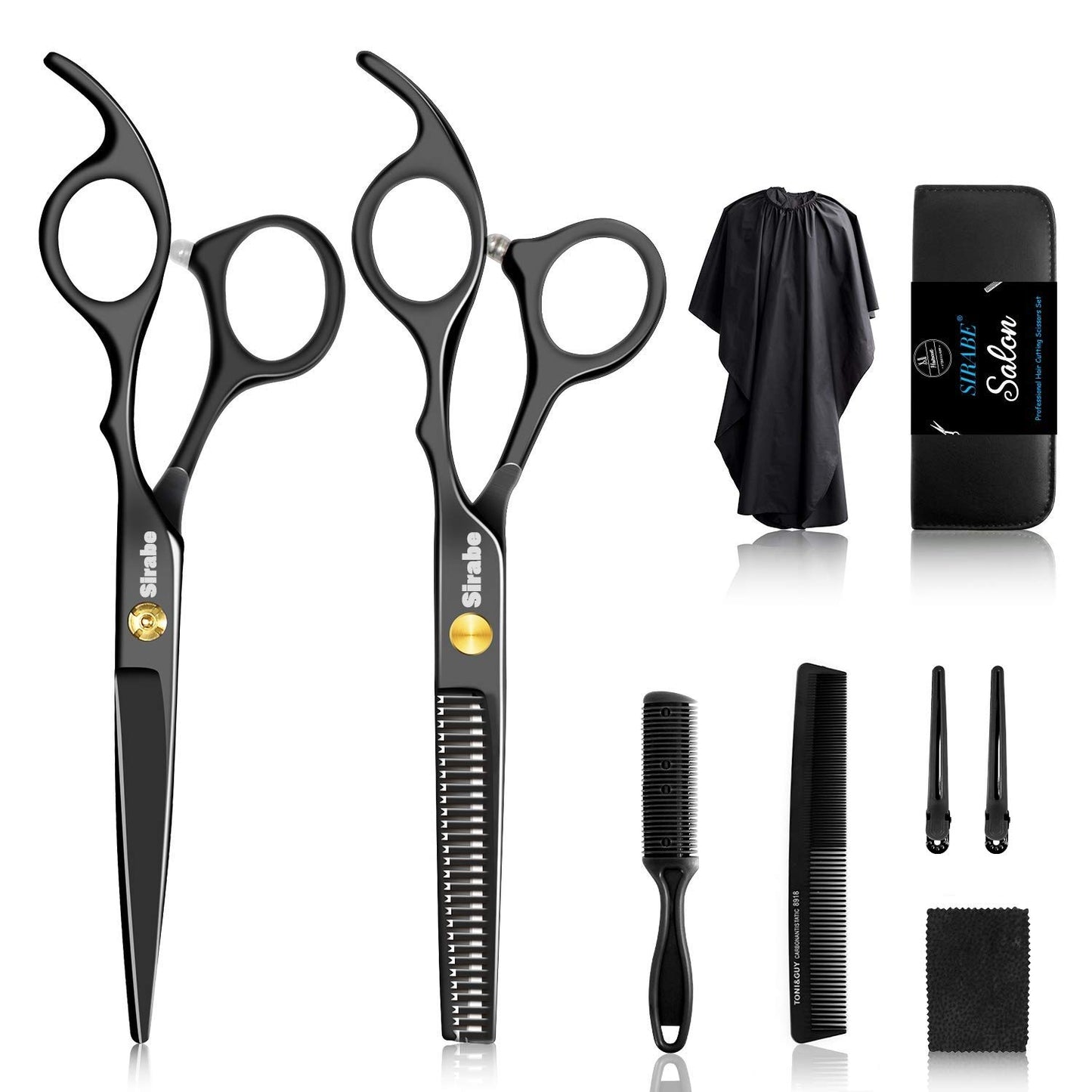 Sirabe 10 PCS Hair Cutting Scissors Set, Professional Haircut Scissors Kit with Cutting Scissors, Thinning Shears, Comb, Cape, Clips, Black Hairdressing Texturizing Shears Set for Barber, Salon, Home