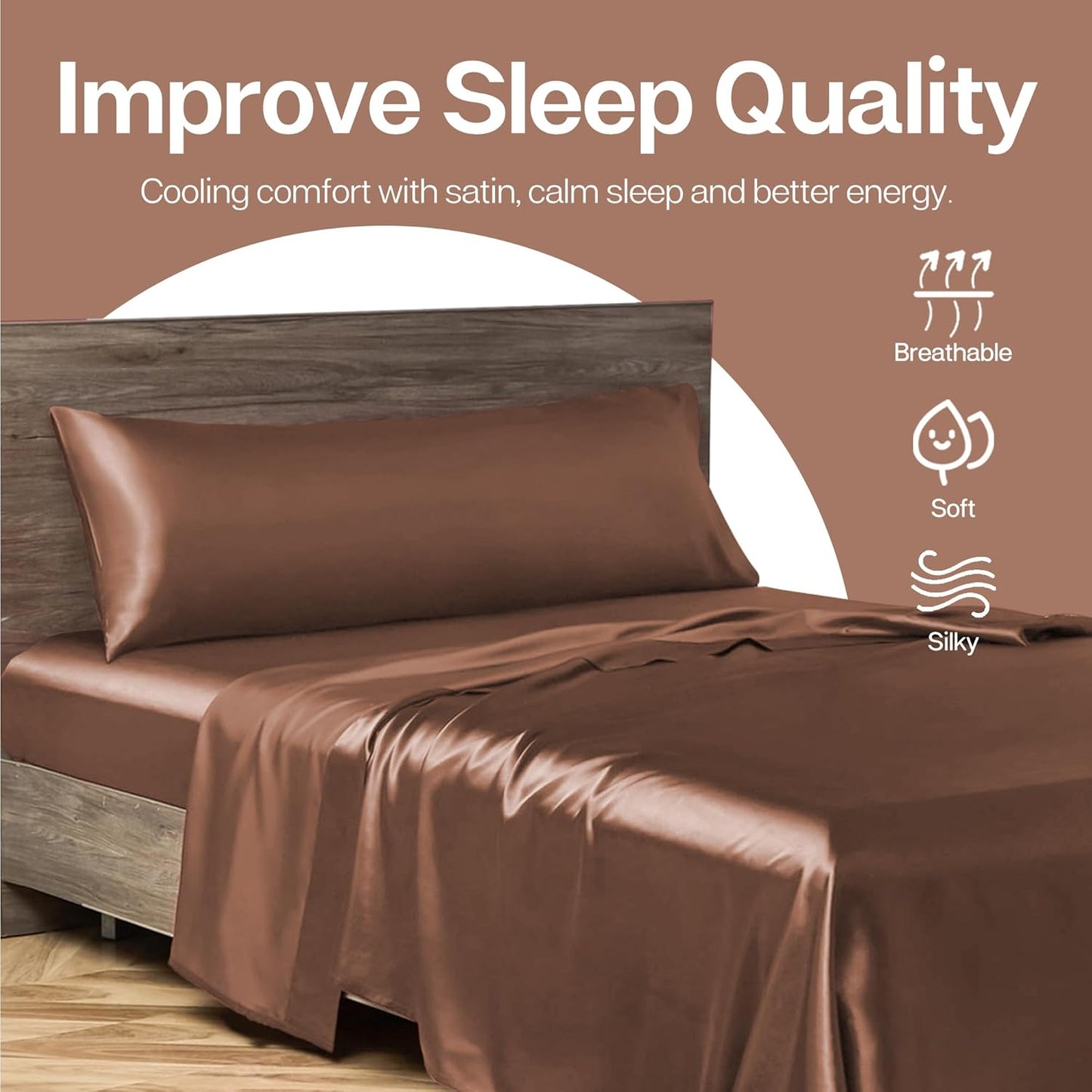 MR&HM Satin Body Pillow Cover, Soft and Breathable Body Pillow Case with Envelope Closure, Cooling and Silky Long Pillowcase for Hair and Skin,Grey (20x54, Mocha Mousse)