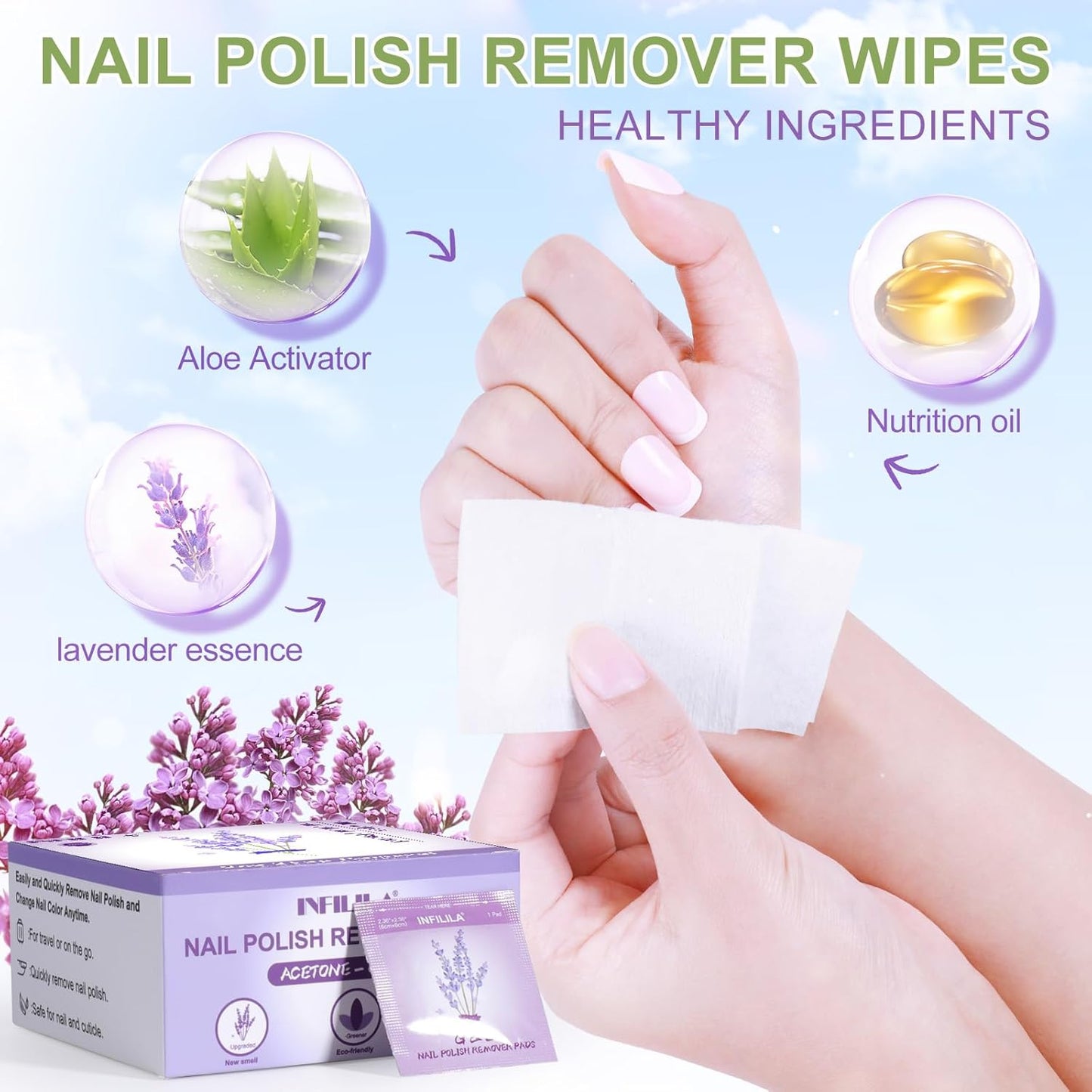 NXJ INFILILA Nail Polish Remover Pads, Nail Polish Remover Wipes Lavender Individually Wrapped Quick and Effective Removal