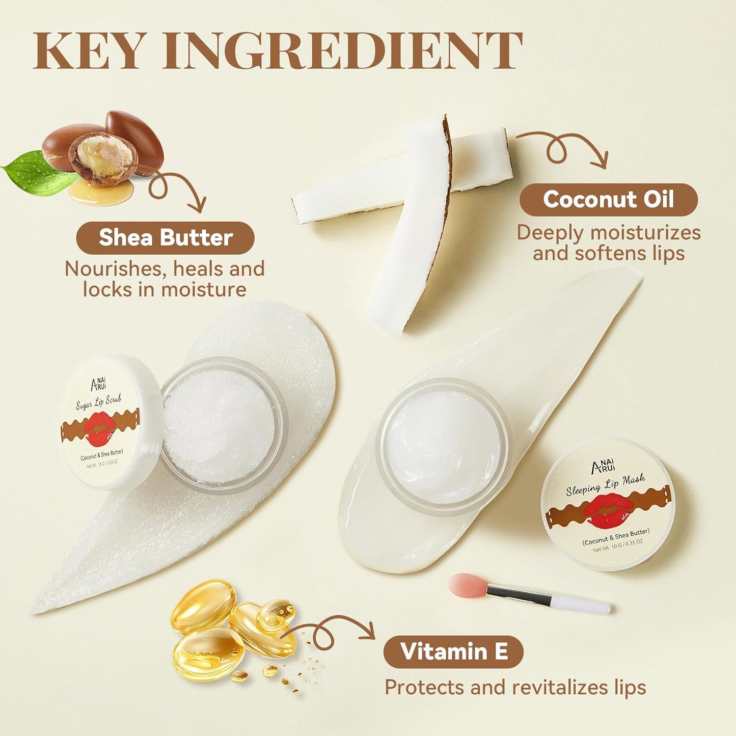 ANAI RUI Coconut Lip Scrub & Lip Mask Set with Shea Butter, Lip Scrubber Exfoliator Enriched with Vitamin E, Sugar Scrub for Dry Lips, Hydrating Lip Mask for Overnight Use, Christmas Gifts for teens