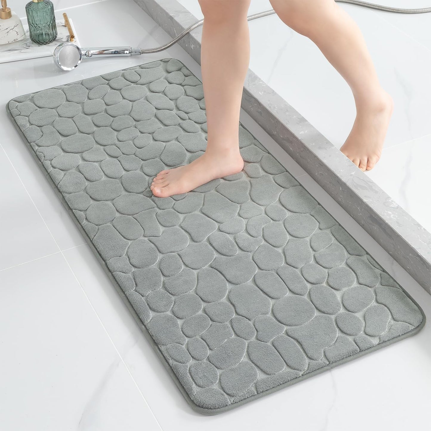 YIHOUSE Memory Foam Runner Rug, Cobblestone Bathroom Runner Rugs Super Water Absorbent Bath Mats for Bathroom Machine Washable Bath Rugs Runner for Hallway Bedroom Laundry Room(20 x 47,Light Gray)