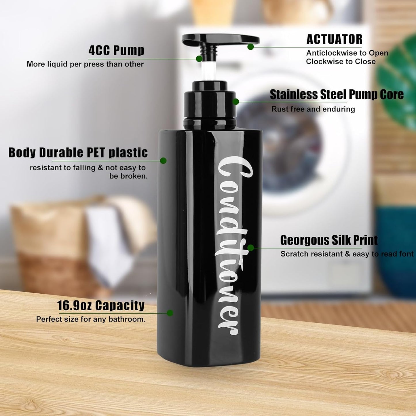 16.9oz Shampoo and Conditioner Bottles Set of 3-Printed Shower Soap Dispenser Plastic Shampoo Bottles Refillable with Pump - Shampoo Conditioner Body Wash Dispenser for Bathroom Shower Black