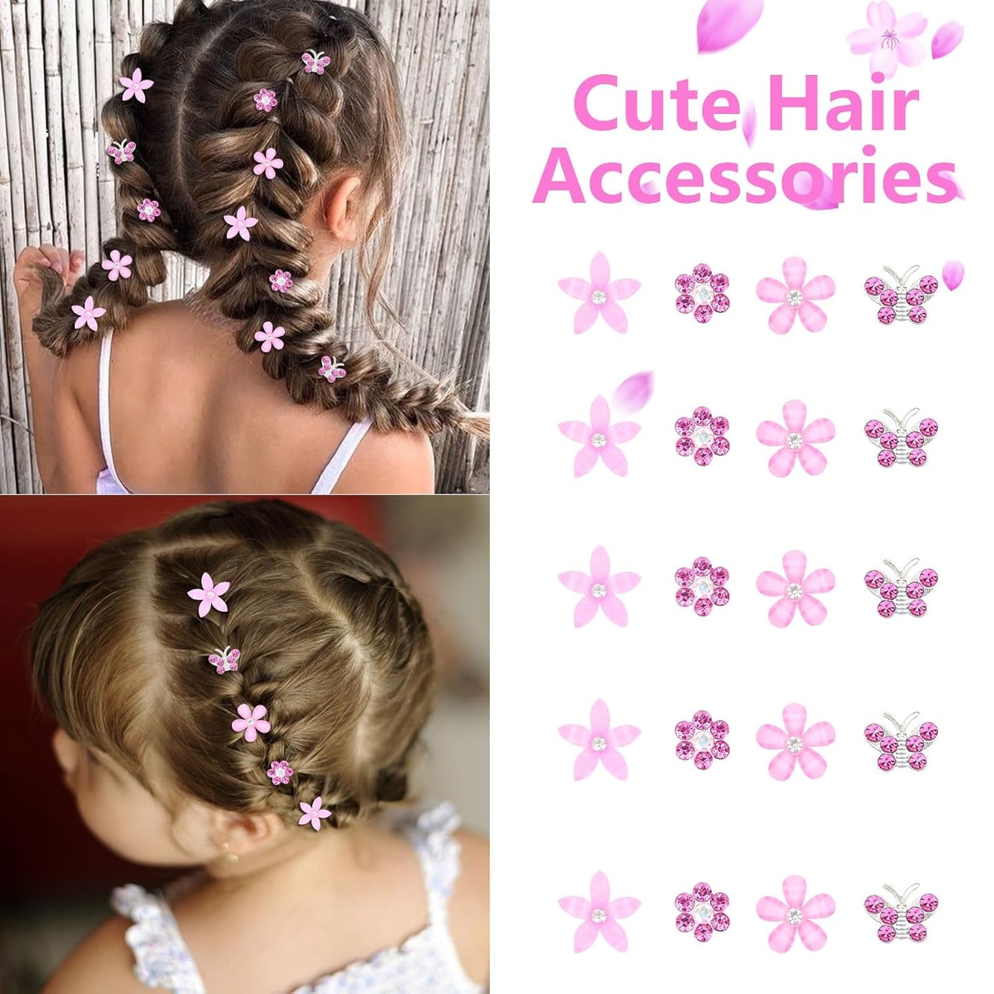 YISSION 20 Pcs Mini Pink Flower & Butterfly Rhinestone Hair Clips - Wedding & Bridal Hair Accessories for Girls & Women