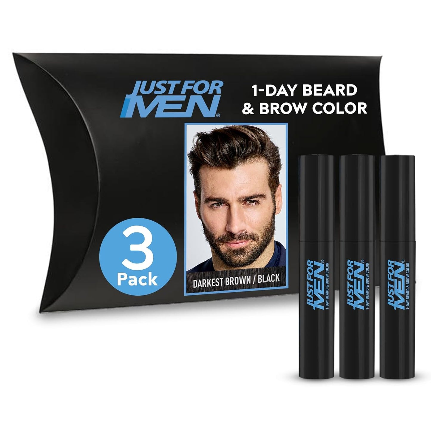 Just for Men 1-Day Beard & Brow Color, Temporary Color for Beard and Eyebrows, For a Fuller, Well-Defined Look, Up to 30 Applications, Darkest Brown/Black, Ships in Eco-Friendly Packaging (Pack of 3)