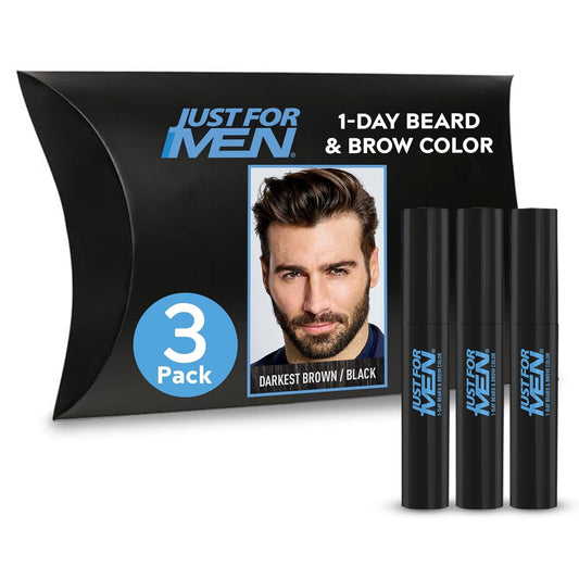 Just for Men 1-Day Beard & Brow Color, Temporary Color for Beard and Eyebrows, For a Fuller, Well-Defined Look, Up to 30 Applications, Darkest Brown/Black, Ships in Eco-Friendly Packaging (Pack of 3)