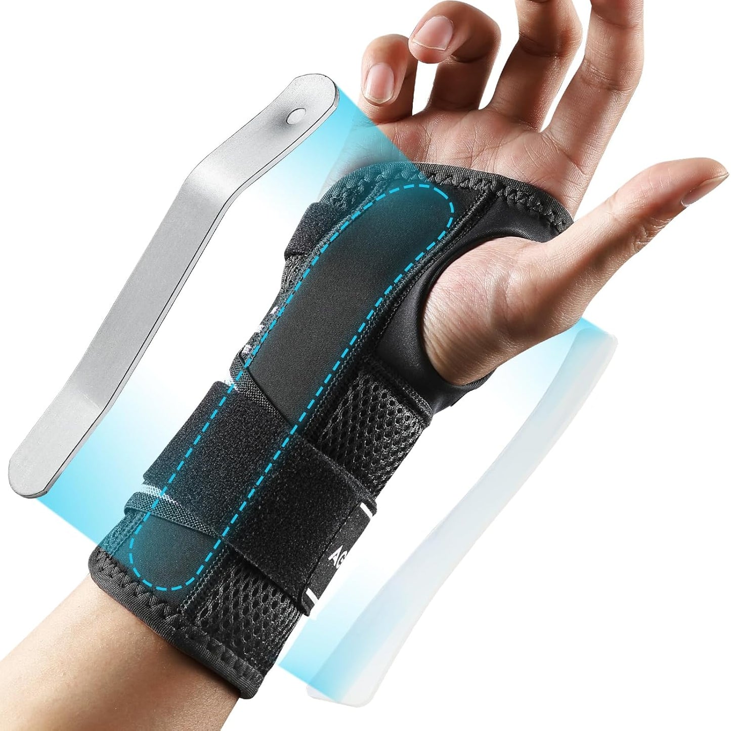 AGPTEK Carpal Tunnel Wrist Brace for Men Women, Night Sleeping Wrist Support with 2 Splints, Pain Relief Hand Brace for Arthritis Sprains Tendonitis, Adjustable Wrist Splint for Right Hand (S/M, Black & White )