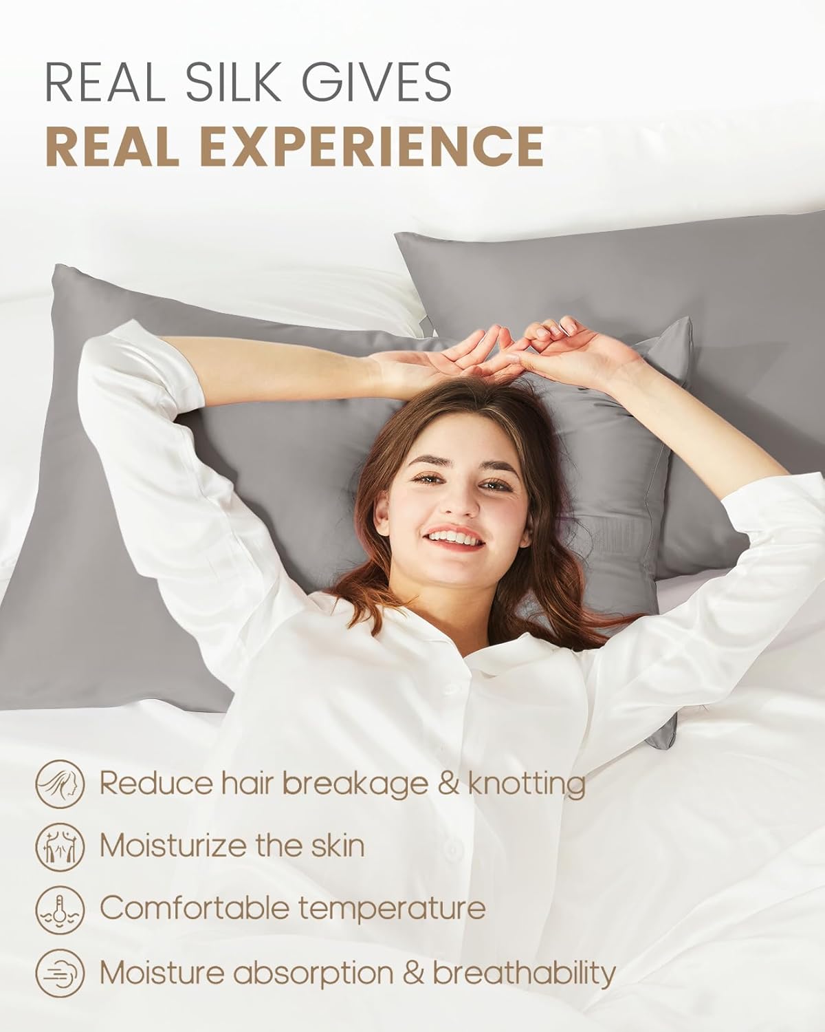 THXSILK Set of 2 100% Natural Mulberry Silk Pillowcase for Hair and Skin, 19 Momme Pillowcases with Hidden Zipper, Soft Breathable Smooth Both Sided Silk Pillow Cover(Standard 20“x26, Grey)