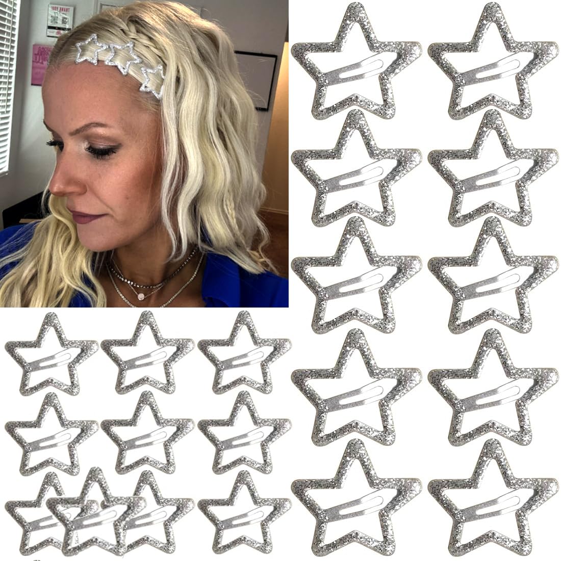 20 PCS Sparkling 1.22" and 1.65"Star Hair Clips Snap Hair Accessories Non Slip Clips for Girls Women Y2K Accessories Silver Metal Hair Clip Hair Barrettes