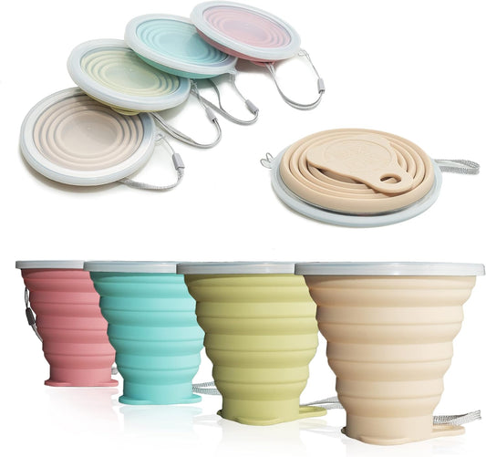IYYI Collapsible Cup for Traveling, Silicone Foldable Cup, Camping Mug with Lid, Folding Mug for Camping, Hiking, Outdoors, Travel (4Pack-Pink-Green-Milk Tea-Beige)