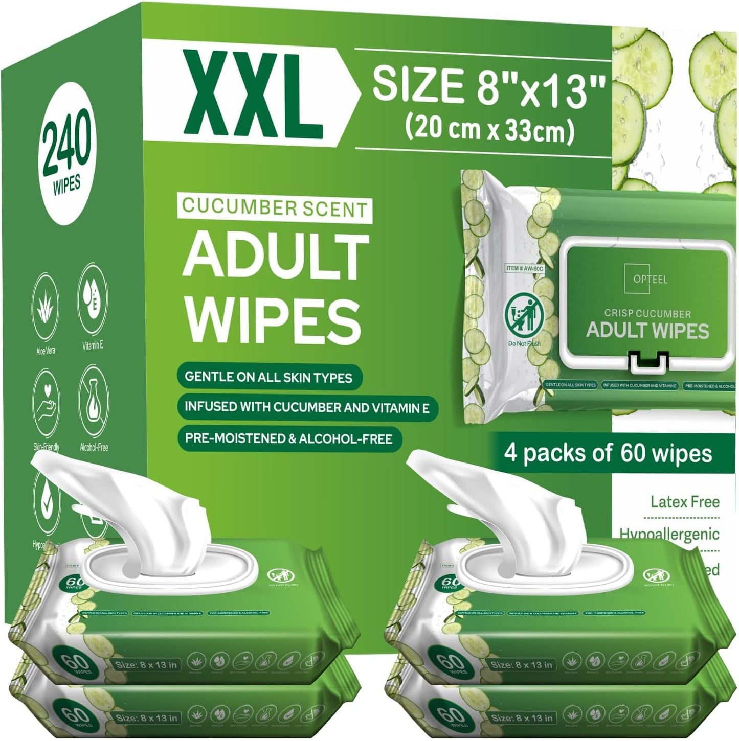 Adult Wipes Extra Large Scented - Skin-Friendly Incontinence Wet Wipes for Adults & Elderly No-Rinse Disposable Washcloths - 8x13" 4 Packs of 60 (240 Wipes)