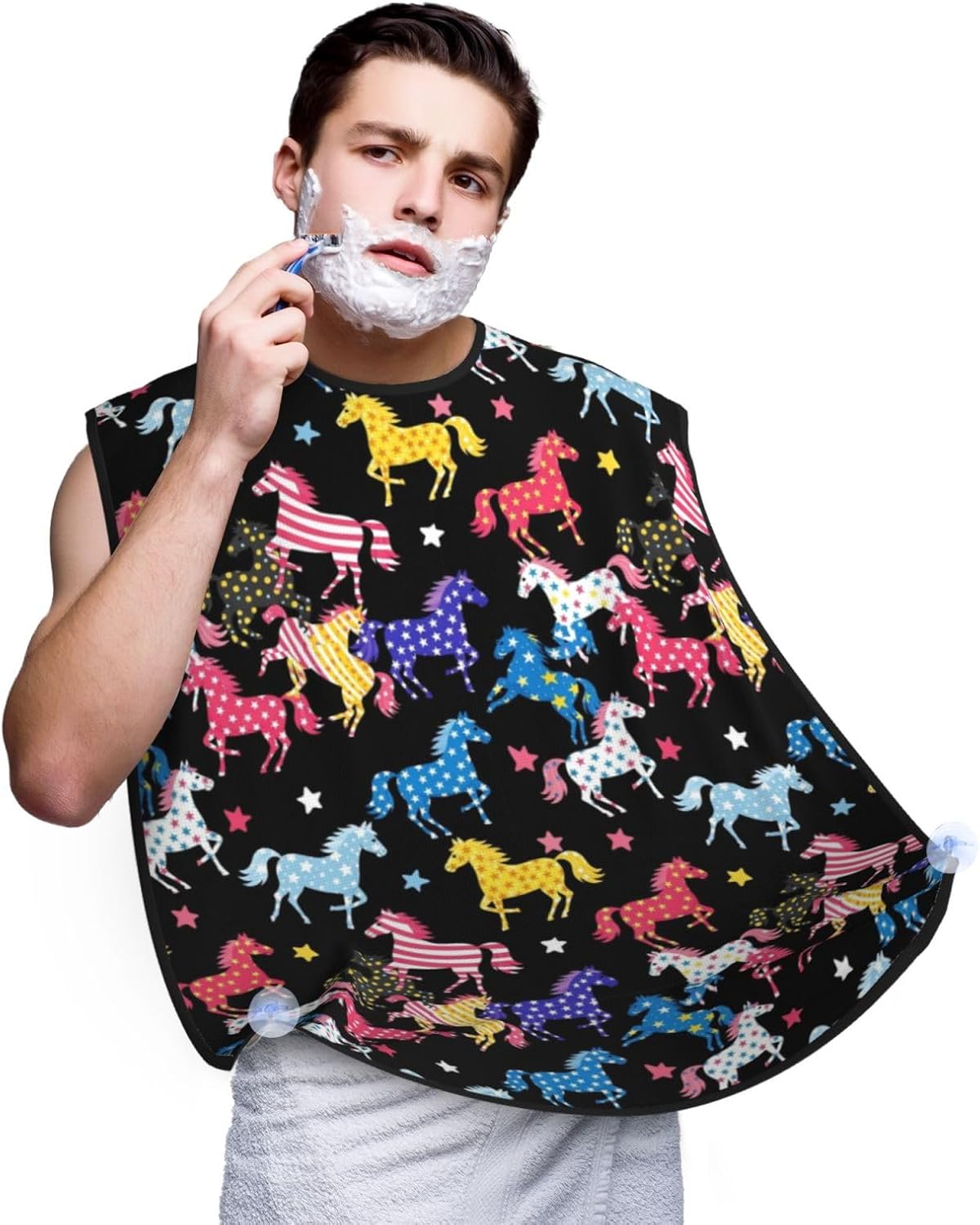 Beard Hair Catcher for Men, Waterproof Shaving Bib Apron Non-Stick, Trimming Tool for Dad Husband, Black Colorful Horse Shave Bib