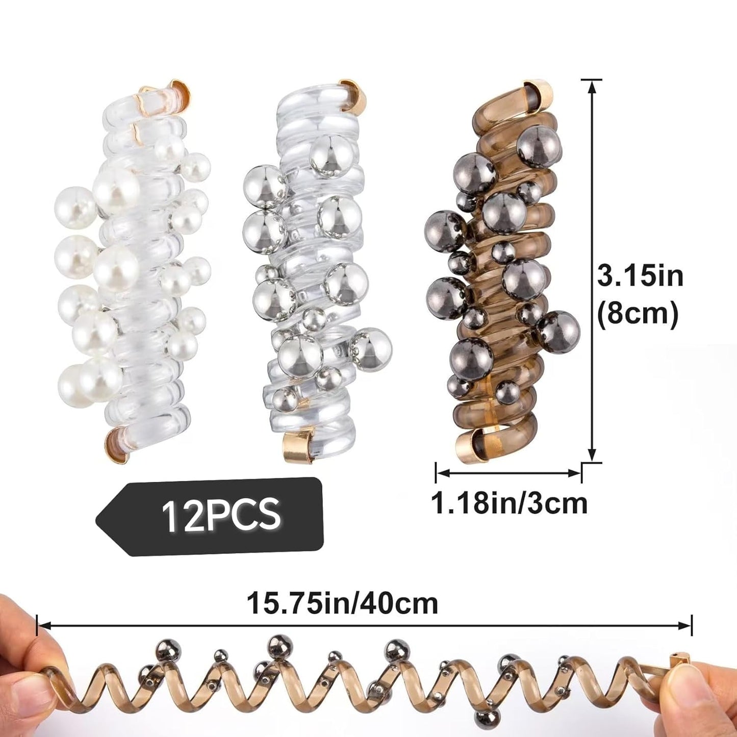 12PCS Spiral Hair Ties with Pearl Beads, Phone Cord Shape Elastic Bands, 3 Colors, No Crease Ponytail Holders for Long Curly Hair