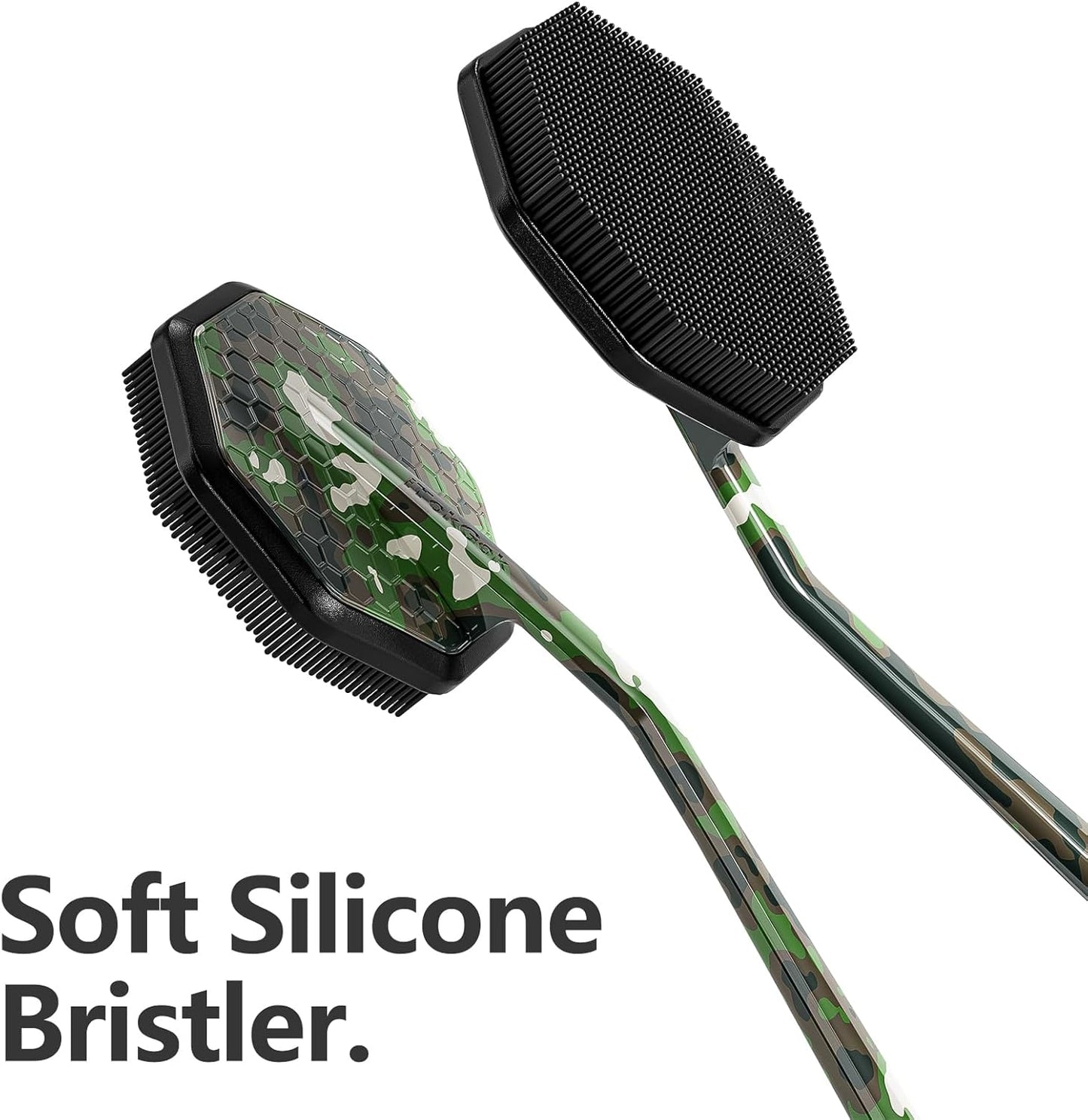 iTokGoK® Platinum Camo Green Pattern Silicone Back Scrubber with Long Handle Back Brush for Shower,Silver-Infused Back Scrubber for Men and Women (Camo Green)
