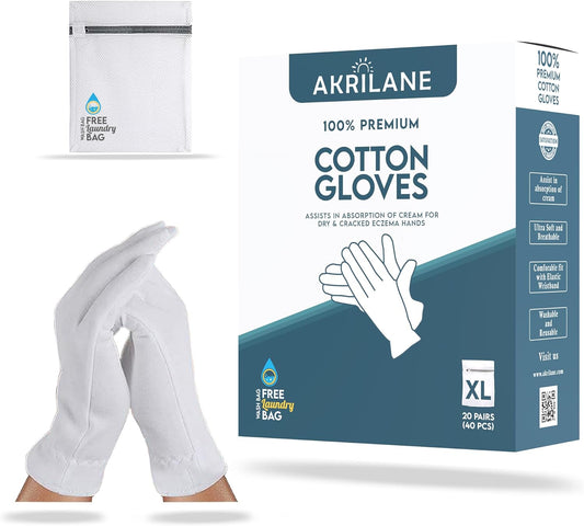 AKRILANE XL Extra Large 20 Pairs Cotton Moisturizing Gloves for Dry Hands | Eczema, Psoriasis & Skin Spa Treatment for Women & Men | Washable & Reusable with Free Laundry Bag