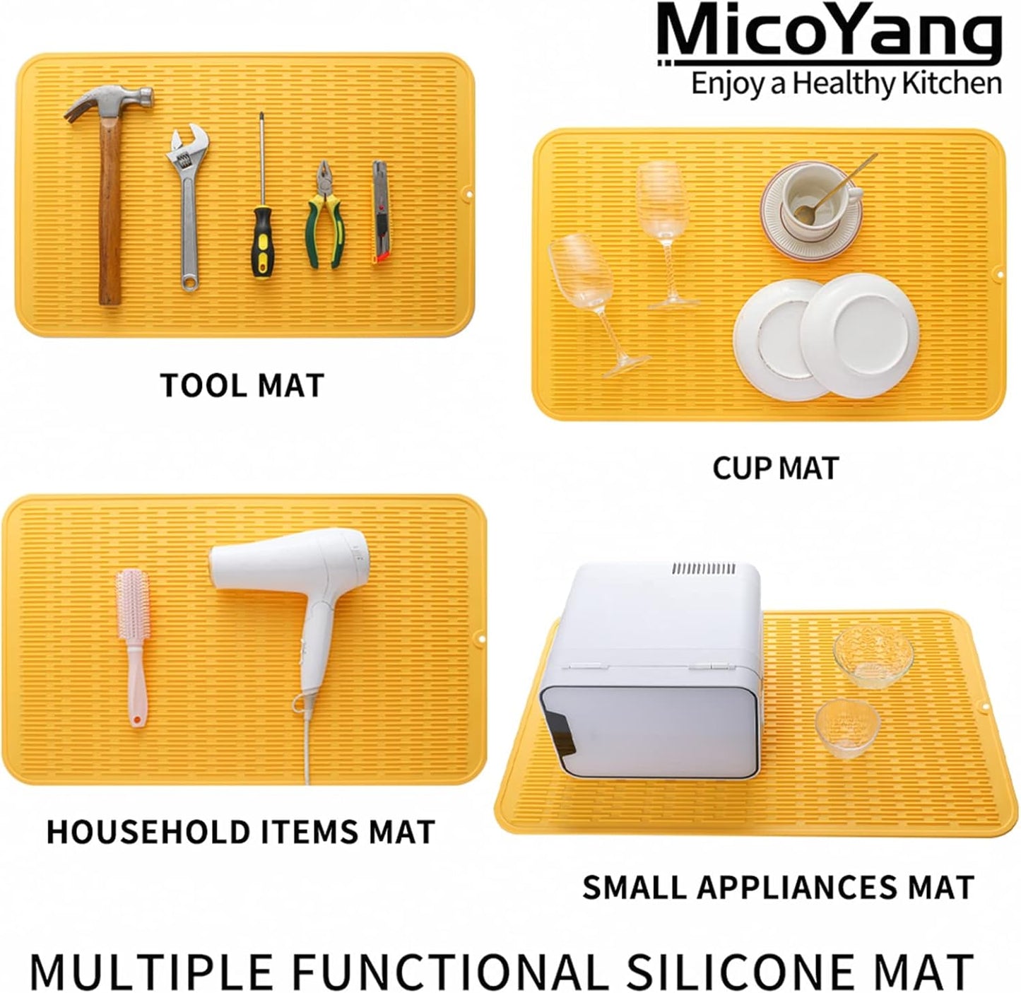 Silicone Dish Drying Mat for Multiple Usage,Easy clean,Eco-friendly,Heat-resistant Silicone Mat for Kitchen Counter or Sink,Refrigerator or Drawer Liner Yellow 3XL 28 inches x 18 inches