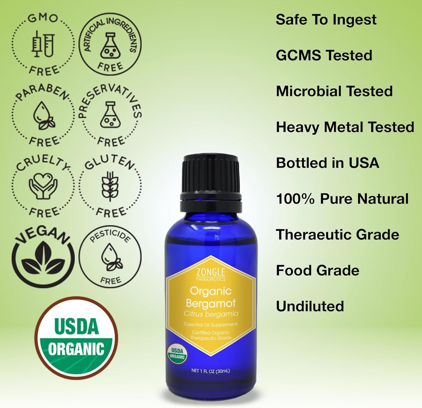 Organic, Bergamot Essential Oil, Food Grade, for Tea – 100% Pure, Bergamot Oil, by Zongle Therapeutics, 1 OZ
