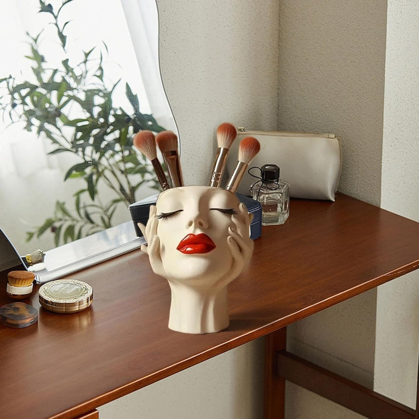 Makeup Brush Organizer, Boho Women Head Shape Sculpture, Modern Desk Decor Pen Holder, White Female Face Vase Bookshelf Decor, Office Shelf Organizer for Vanity, Living Room, Home (Beige 3)