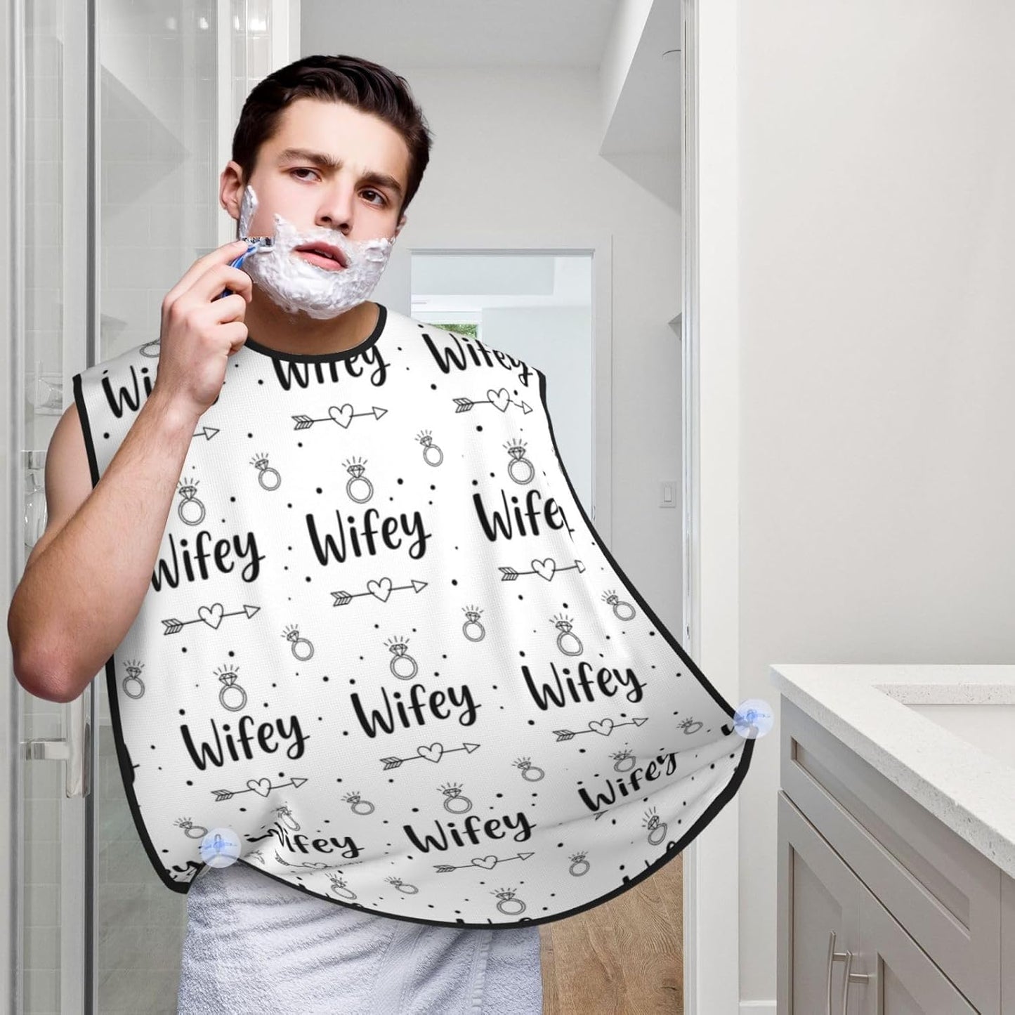 No-Slip Shaving Bib, Beard Grooming Apron with Strong Suction Cups, Diamond Bride Wifey