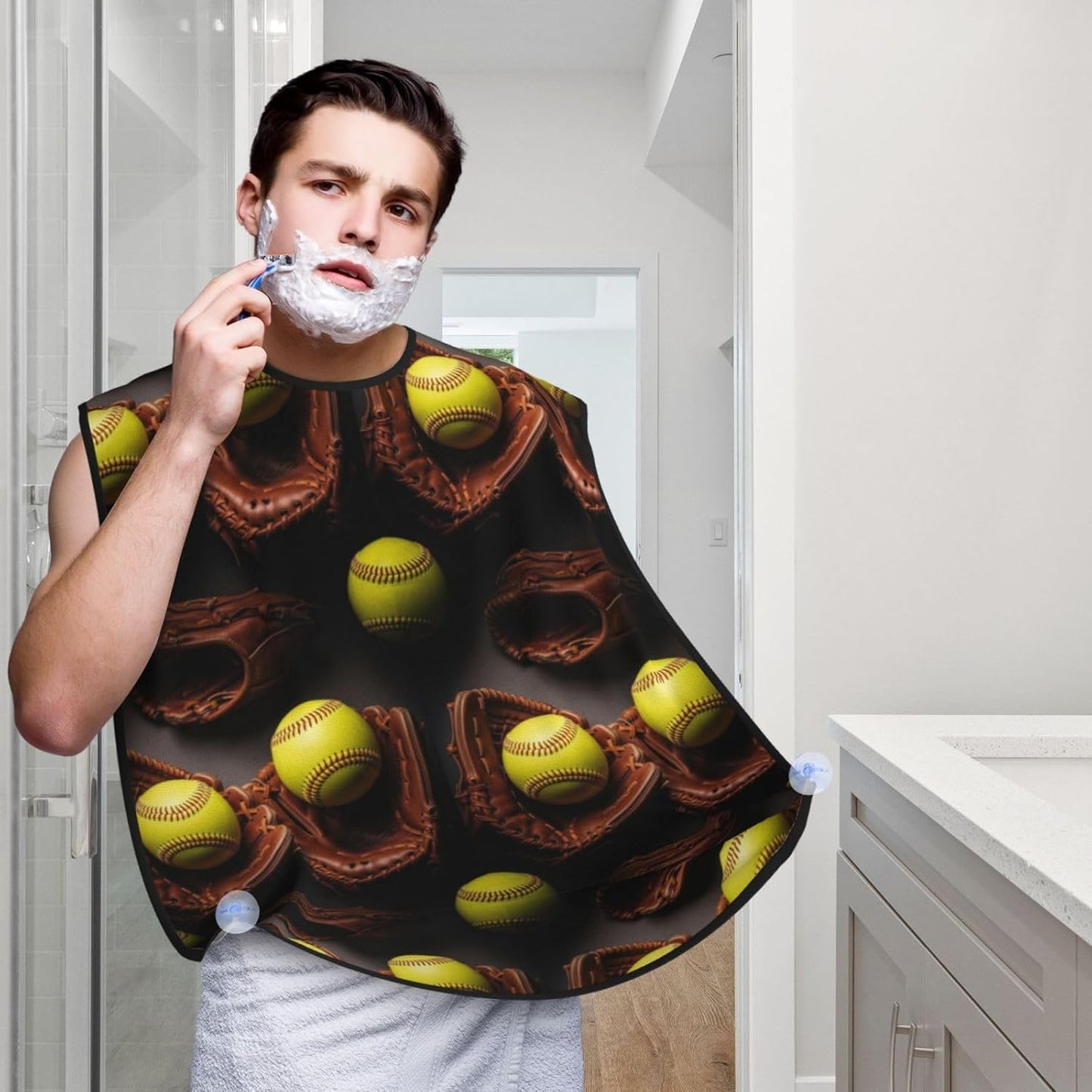 Waterproof Grooming Apron, Non-Stick Beard Bib with Suction Cups, for Retro Vintage Sports Softball Ball