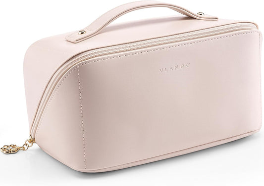 Vlando Makeup Bag,Large Capacity Travel Toiletry Bag,Cosmetic Bags for Women PU Leather Waterproof Portable Pouch with Divider & Handle-Apricot Pink