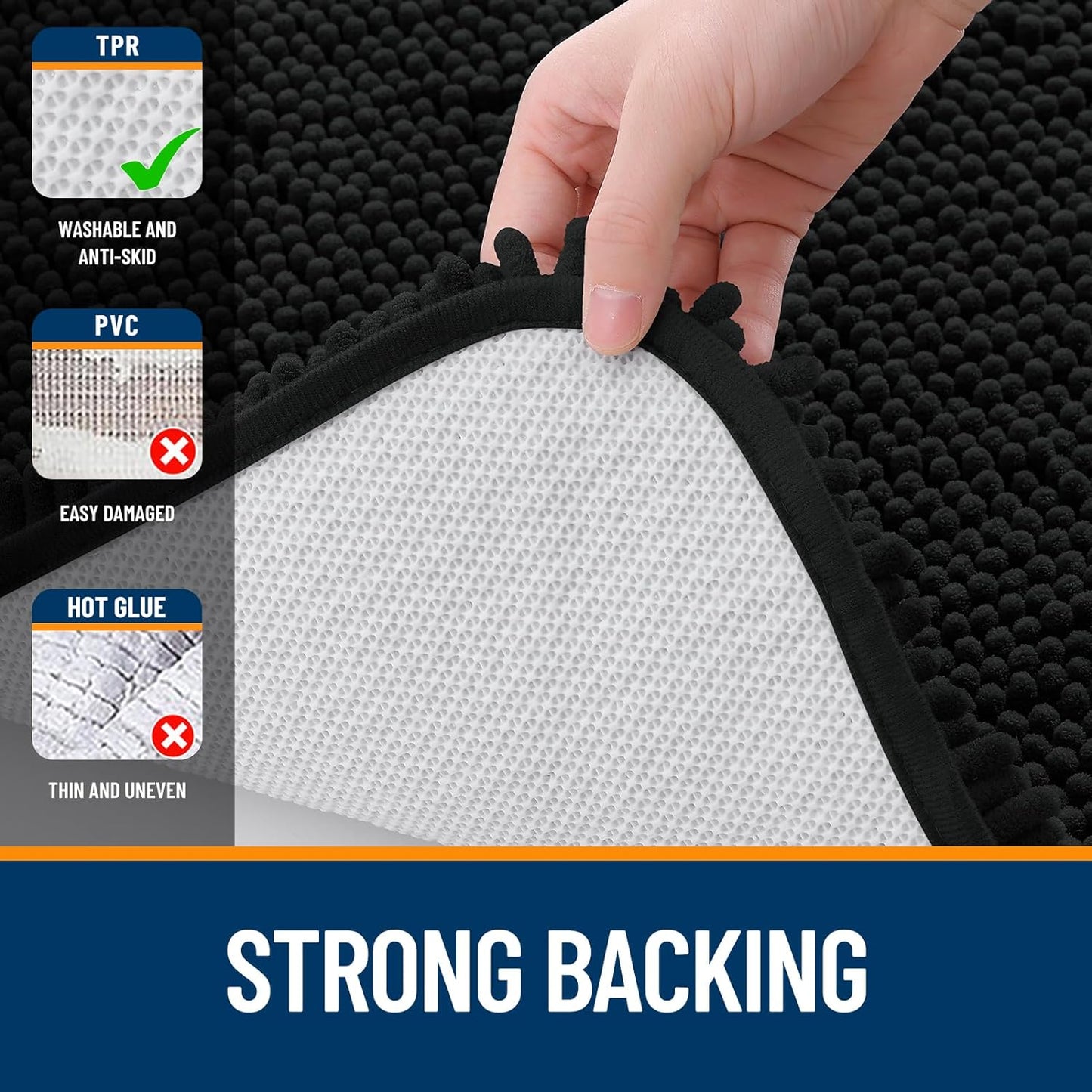 OLANLY Bathroom Rugs 59x24, Extra Soft Absorbent Chenille Bath Rugs, Rubber Backing Quick Dry, Machine Washable Bath Mats for Bathroom Floor, Tub and Shower, Home Decor Accessories, Black