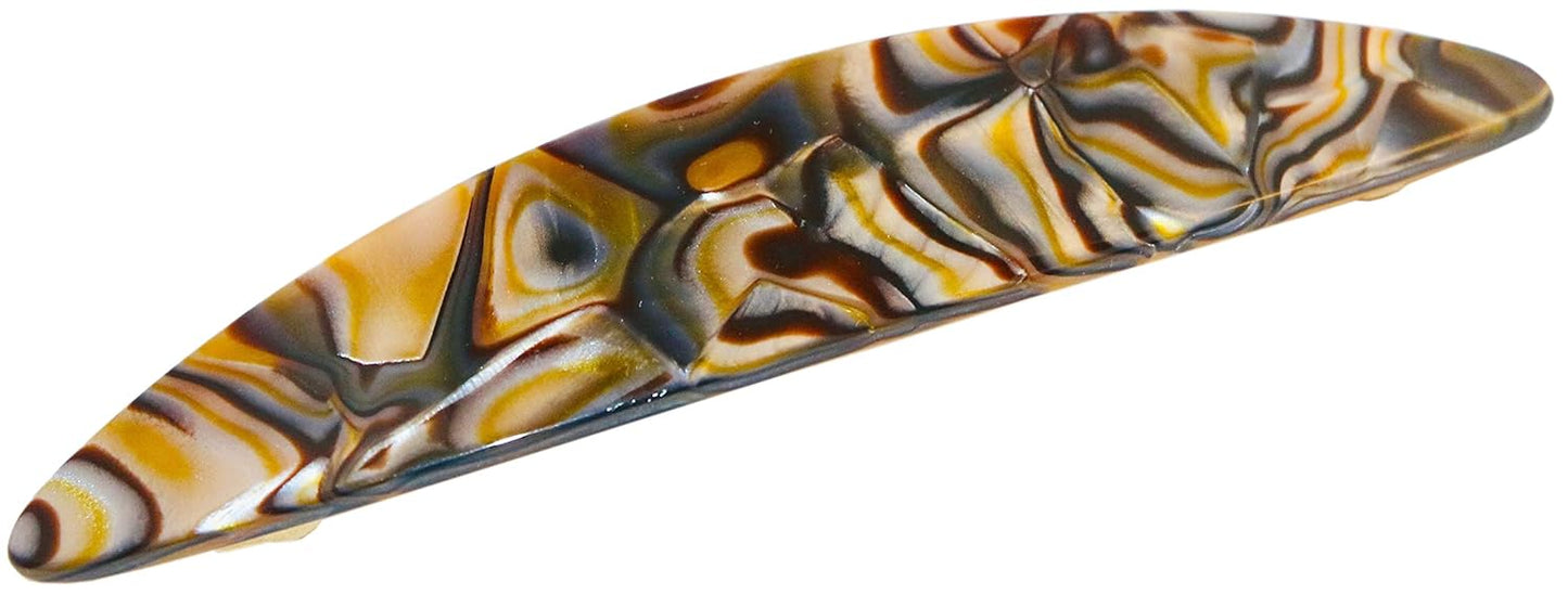 French Amie Long Oval Silver Onyx Grey 4.5" Handmade Celluloid Hair Clip Barrette with Golden Clasp for Women