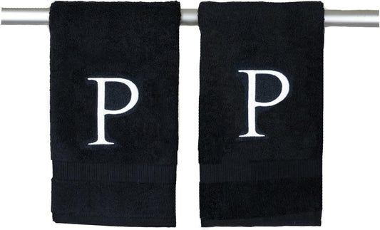 Black Monogrammed Hand Towel for Bathroom - Initial Hotel Quality Decorative Embroidered Luxury Towel for Powder Room, Spa - GOTS Organic Certified - Set of 2 White Letter P