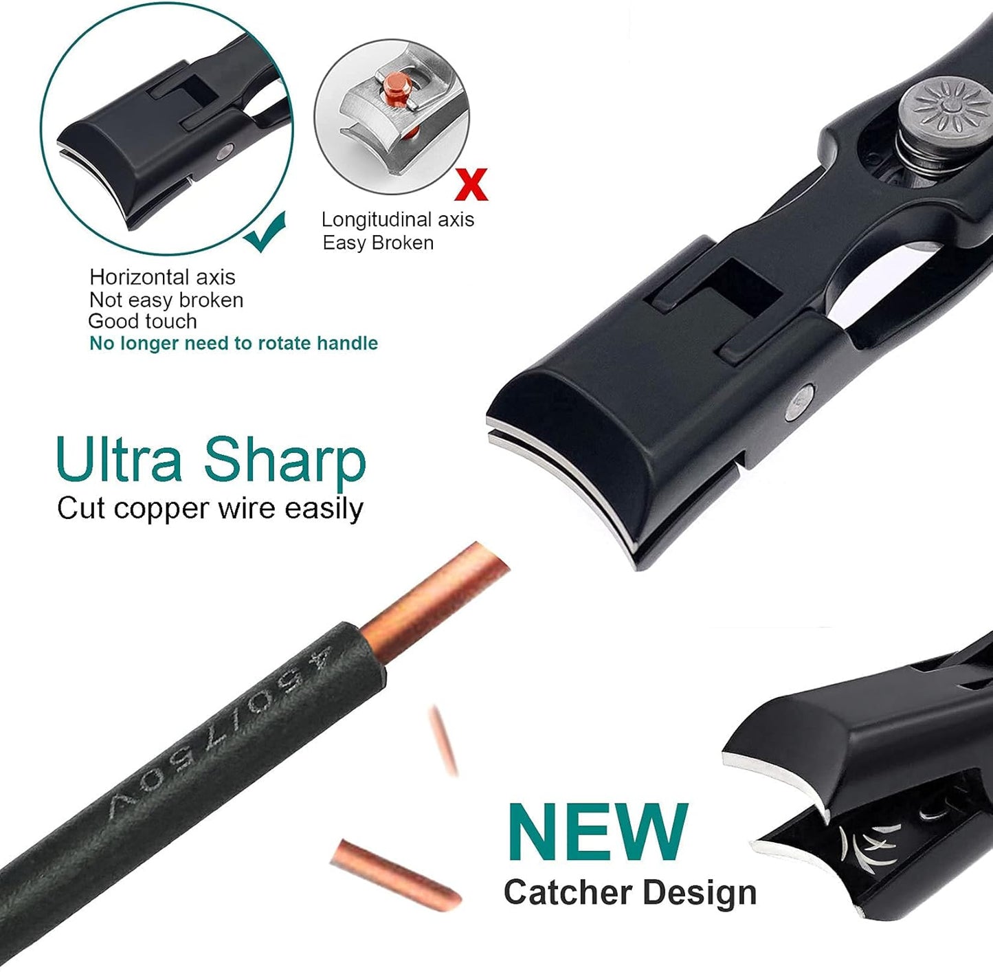 Toenail Clippers for Men Thick Nails Large Wide Jaw Opening Portable Ultra Sharp Nail Clippers with Catcher Heavy Duty Fingernail Cutter for Adult Seniors Women (Black with File)