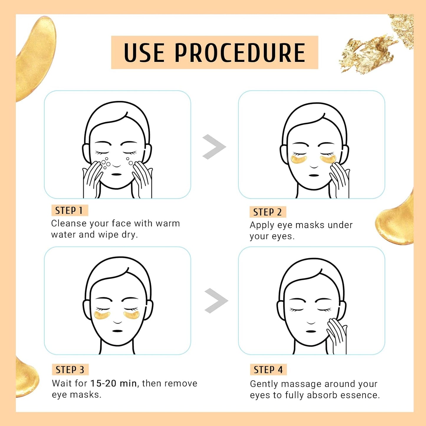 Under Eye Patchs 24k Gold Eye Mask and Hyaluronic Acid and Rose for Dark Circles and Puffiness Wrinkle Eye Bags 30 Pairs