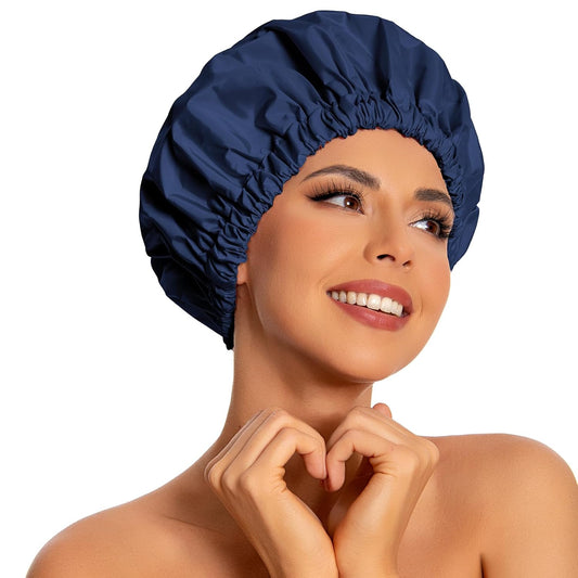 Reusable Shower Cap for Women, Large Waterproof Shower Essentials Bonnet Washable Elastic Band Bath Hair Wrap Hat for Long Hair, Braids(Navy)