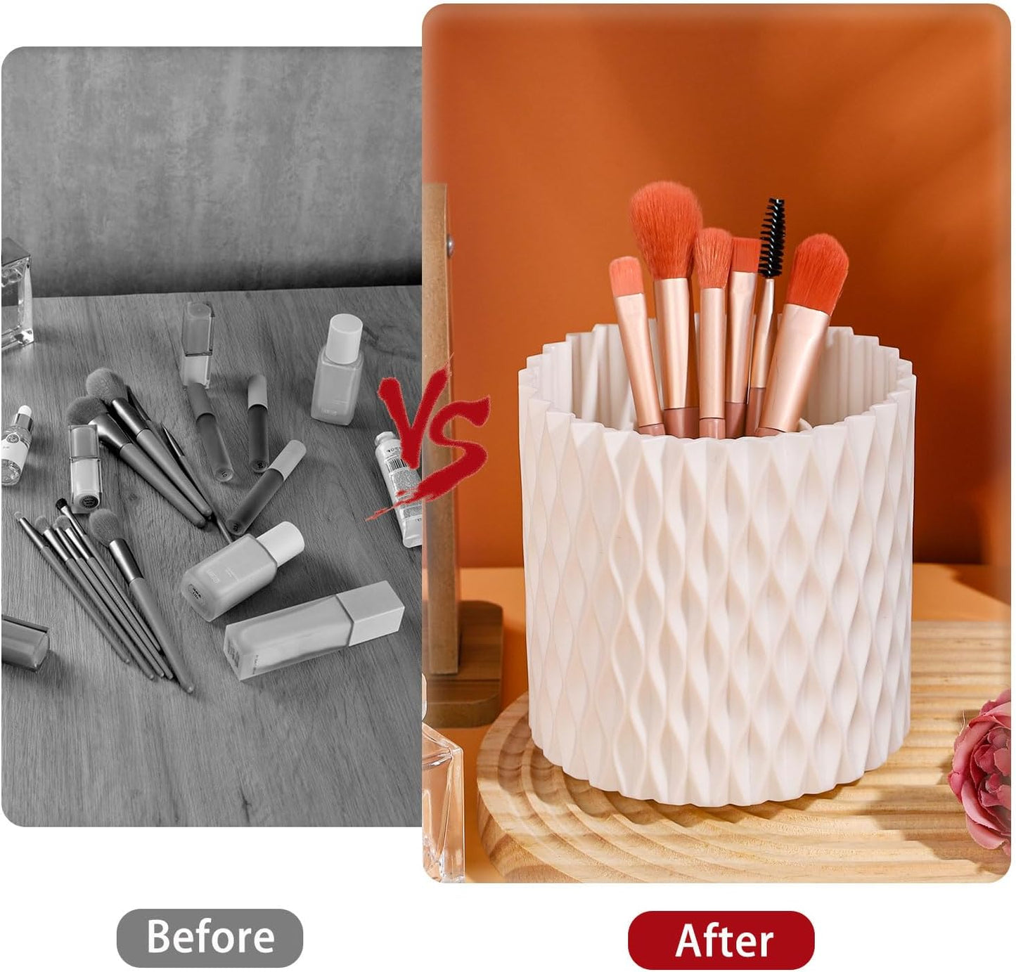 White 360° Rotating Makeup Organizer, Spinning Makeup Brush Holder, Unique Textured Makeup Brush Cups for Vanity Decor, Lipstick Holder for Bathroom Counter, Desk Storage Container