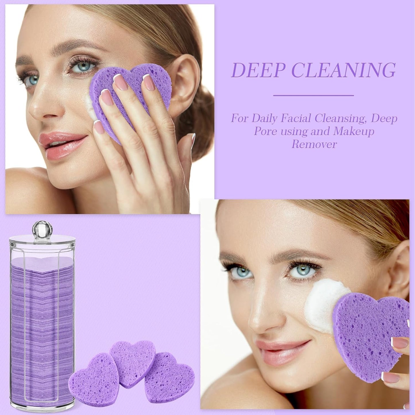 Sieral 120 Pcs Compressed Facial Sponges with Container Disposable Face Sponge Pads for Washing Face Cleansing Exfoliating Esthetician Makeup Removal(Heart,Purple)
