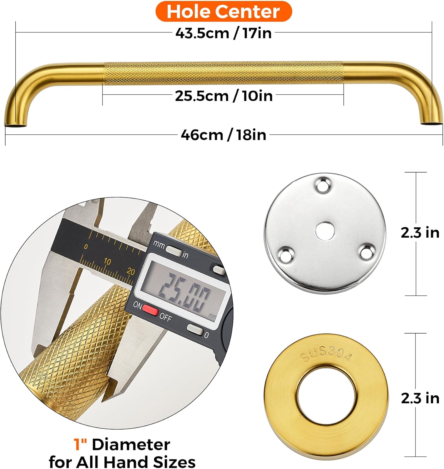 Grab Bars for Shower, 2 Pack 18-Inch Anti Slip Shower Handles for Elderly, Safety Shower Grab Bar, Stainless Steel Handicap Grab Bars for Bathroom,Toilet (Gold, 1" Diameter)