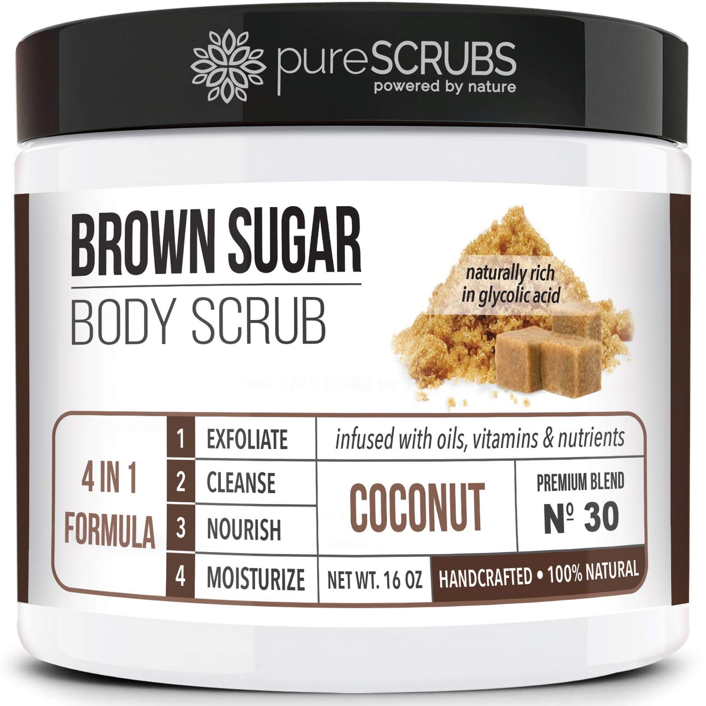 pureSCRUBS Premium Coconut Brown Sugar Scrub | Face, Feet & Full Body Scrub | Large 16oz Jar Includes Wooden Spoon, Loofah & Mini Exfoliating Bar Soap