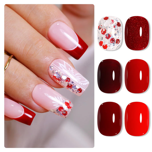Double Rhythm Gel Nail Polish Set of 6 Colors Baby Light Pastel Milky Nail Polish Starter Kit Art DIY Salon Home (Red Glitter Dark Neon Red Maroon Burgundy,Kit 15)