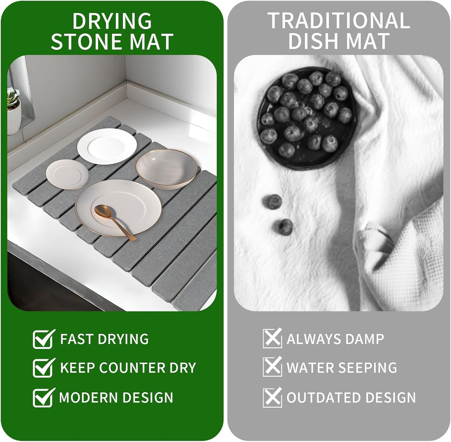 Large Stone Dish Drying Mat, 24"(L)×16"(W), Eco - Friendly Absorbent Diatomaceous Earth Mat for Kitchen Dishes, Bottles, Cups & Bathroom Countertops