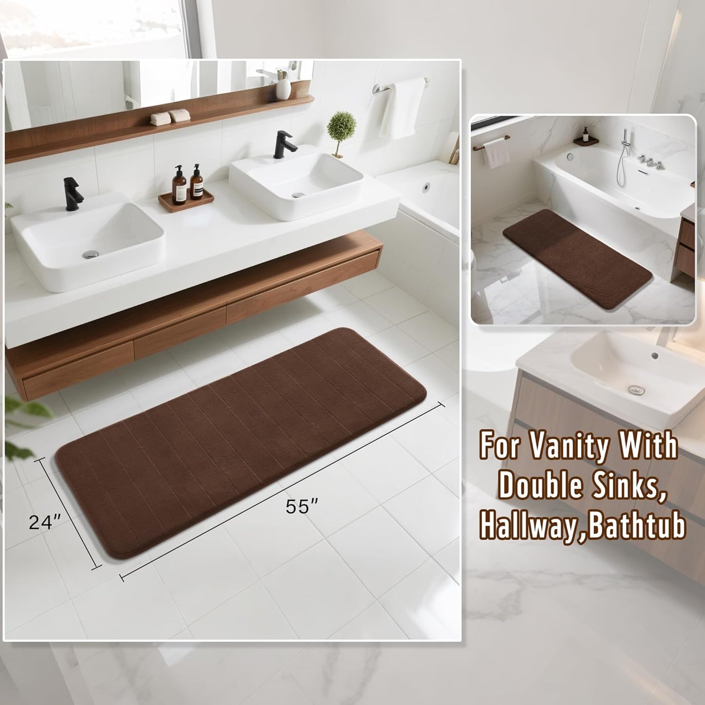 Yimobra Bathroom Runner 55"x24", Non Slip Memory Foam Bath Mat, Super Soft Water Absorbent Hallway Carpet, Machine Washable Rug for Vanity Tub Shower, Brown