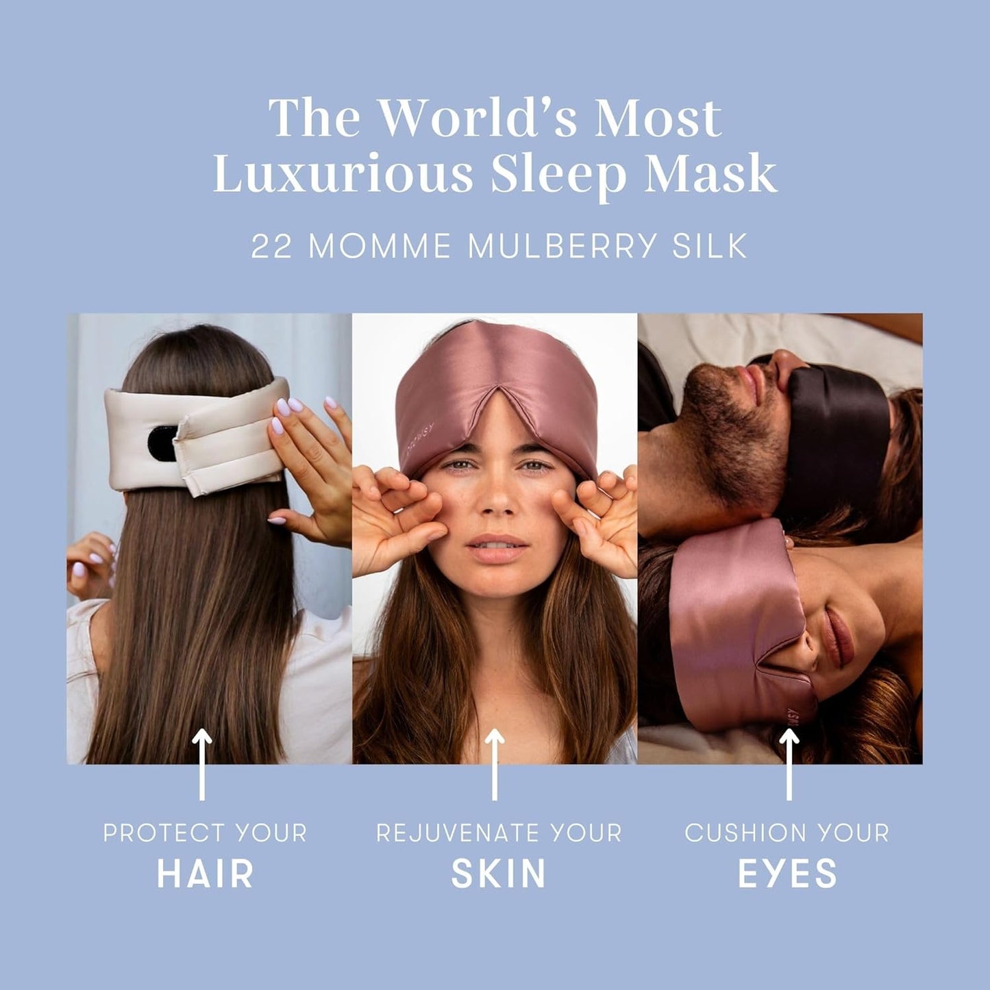 DROWSY Silk Sleep Mask - Face-Hugging, Padded Cocoon for Luxury Sleep in Total Darkness - 100% Pure Mulberry Silk (Blue Belle)