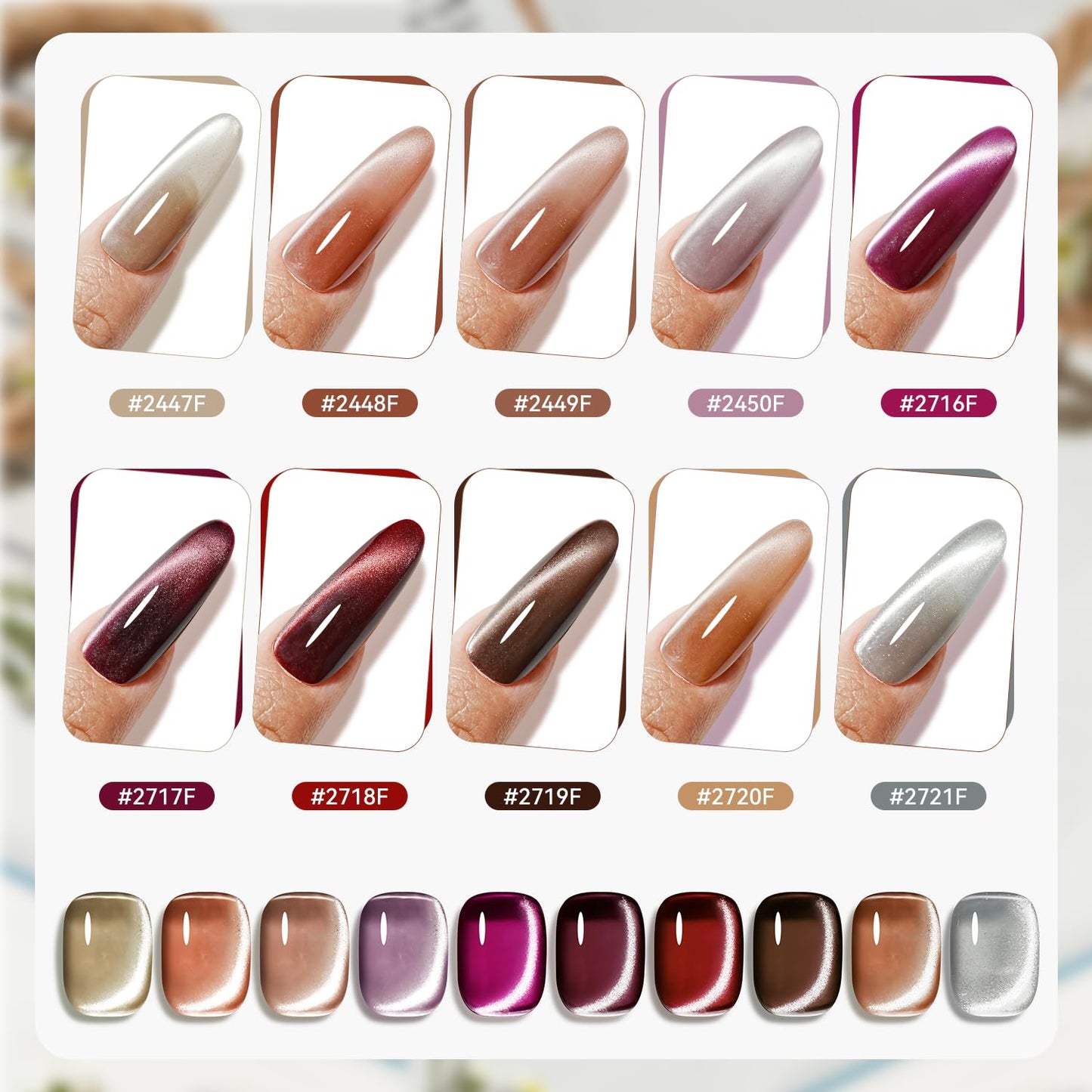 JODSONE Cat Eye Gel Nail Polish Set Pink Rose Red Sliver Collection 10 Colors Holographic Sparkle Cat Eye with Base Coat Top Coat Magnet DIY Nail Art Gift