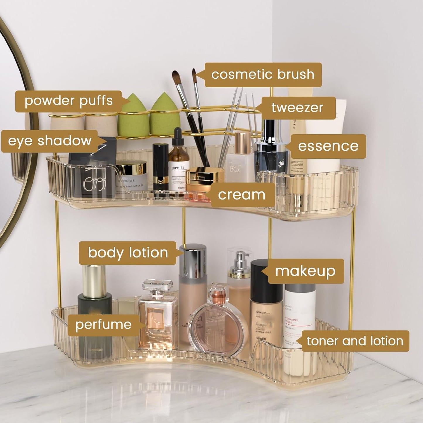 NATURE'S SOURCE Makeup Organizer for Vanity, 2-Tier Corner Bathroom Organizer Countertop with Makeup Brush Holder, Corner Counter Storage for Bathroom Dresser-Amber Gold